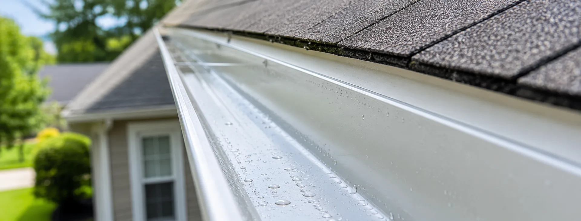 Close-up of a freshly cleaned residential gutter