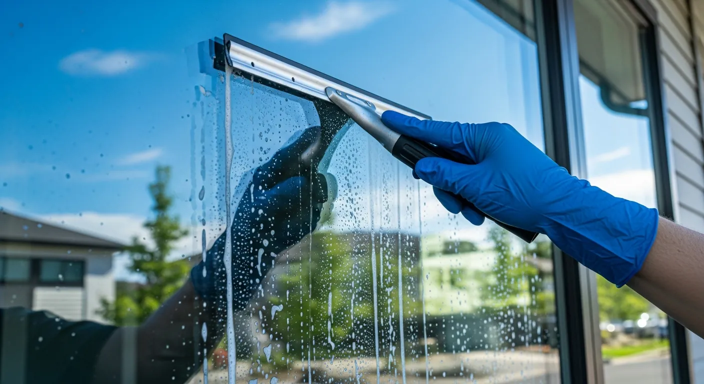 A professional cleaning a residential window to a streak-free finish